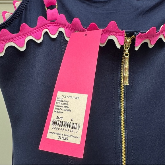 LILLY PULITZER SHELLBEE True Navy Blue Pink Ric Rac Scuba Lined Dress - Picture 12 of 16